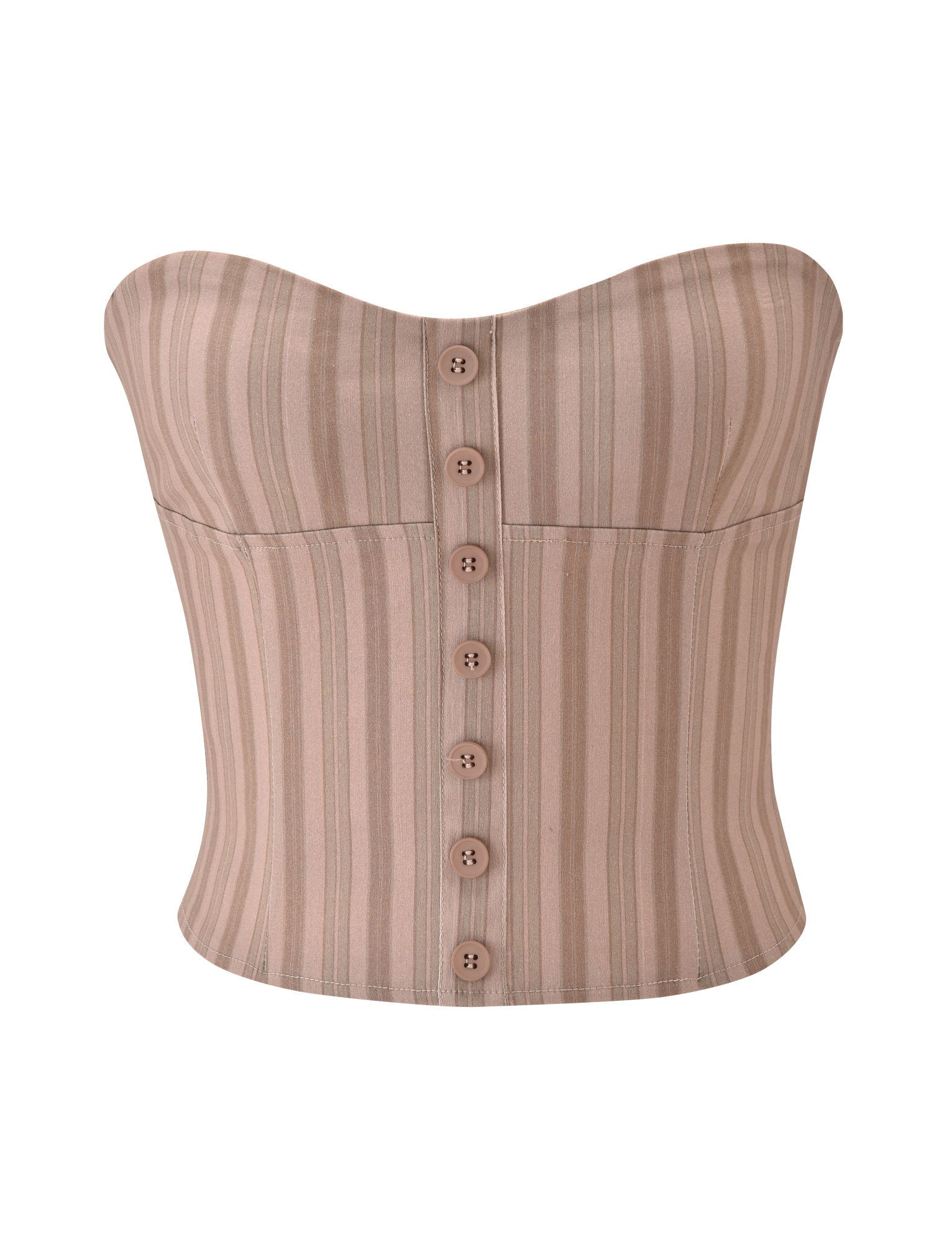 The TIGERMIST KITTIE STRAPLESS CORSET - TAUPE STRIPE is a strapless top in stretch suiting fabric with beige vertical stripes and six matching front buttons, shown against a white background.