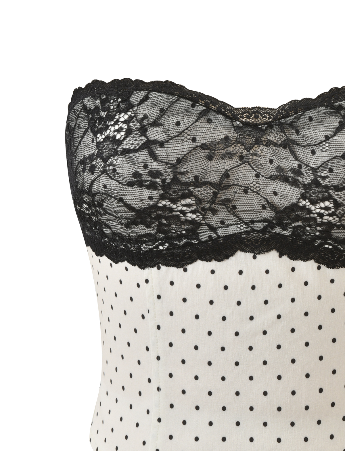 Close-up of the KITTIE LACE CORSET - CREAM DOT by TIGERMIST, featuring a strapless cream corset with black polka dots and scalloped black floral lace trim along the top, set against a plain white background.