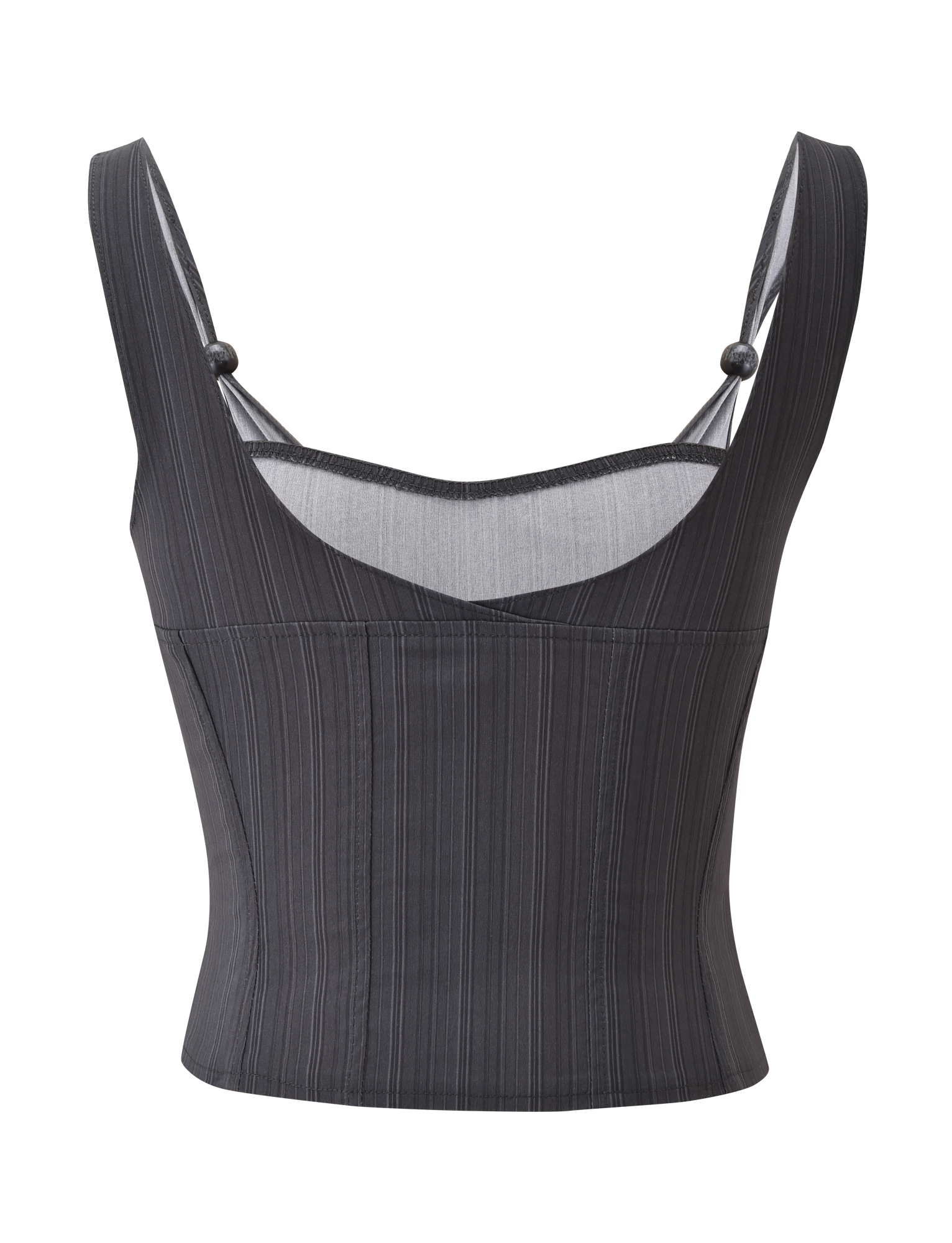 The TIGERMIST KITTIE CORSET - GREY STRIPE is a sleeveless, form-fitting bustier top with wide straps, a square neckline, and subtle vertical stripes in stretch suiting fabric for a modern look.