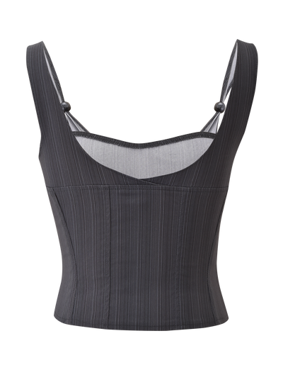 The TIGERMIST KITTIE CORSET - GREY STRIPE is a sleeveless, form-fitting bustier top with wide straps, a square neckline, and subtle vertical stripes in stretch suiting fabric for a modern look.