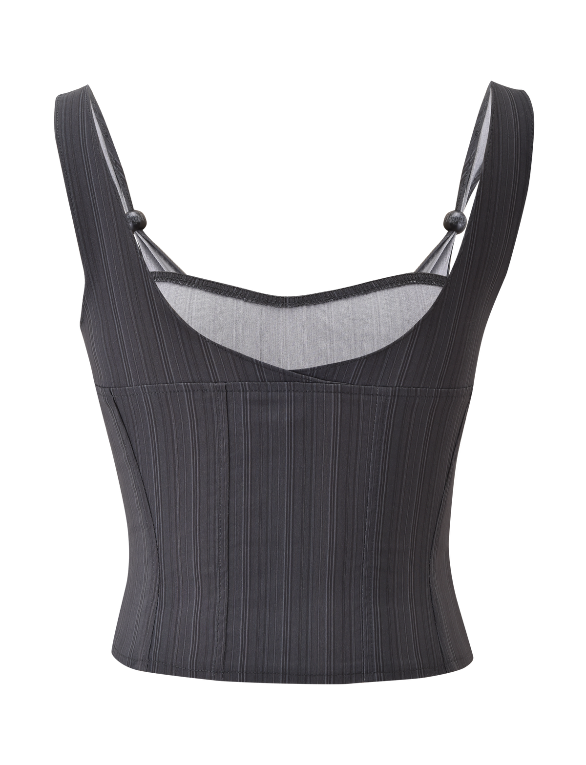 The TIGERMIST KITTIE CORSET - GREY STRIPE is a sleeveless, form-fitting bustier top with wide straps, a square neckline, and subtle vertical stripes in stretch suiting fabric for a modern look.