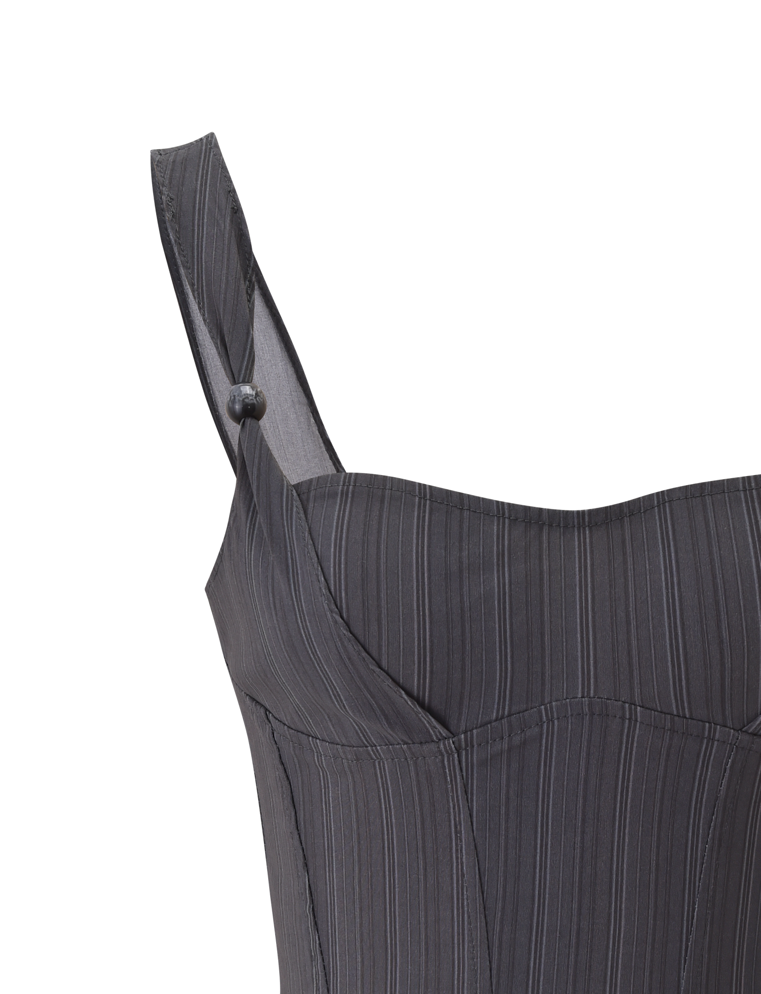 Close-up of the KITTIE CORSET - GREY STRIPE by TIGERMIST: a dark grey pinstriped bustier top with a structured bodice and a single decorative button on one shoulder strap, set against a white background.