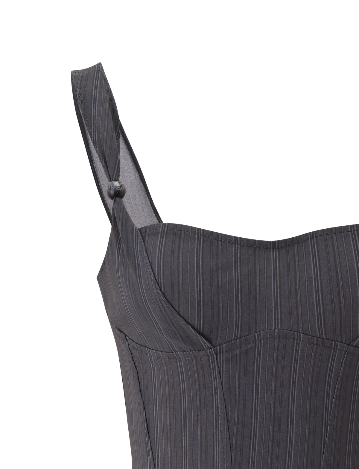 Close-up of the KITTIE CORSET - GREY STRIPE by TIGERMIST: a dark grey pinstriped bustier top with a structured bodice and a single decorative button on one shoulder strap, set against a white background.