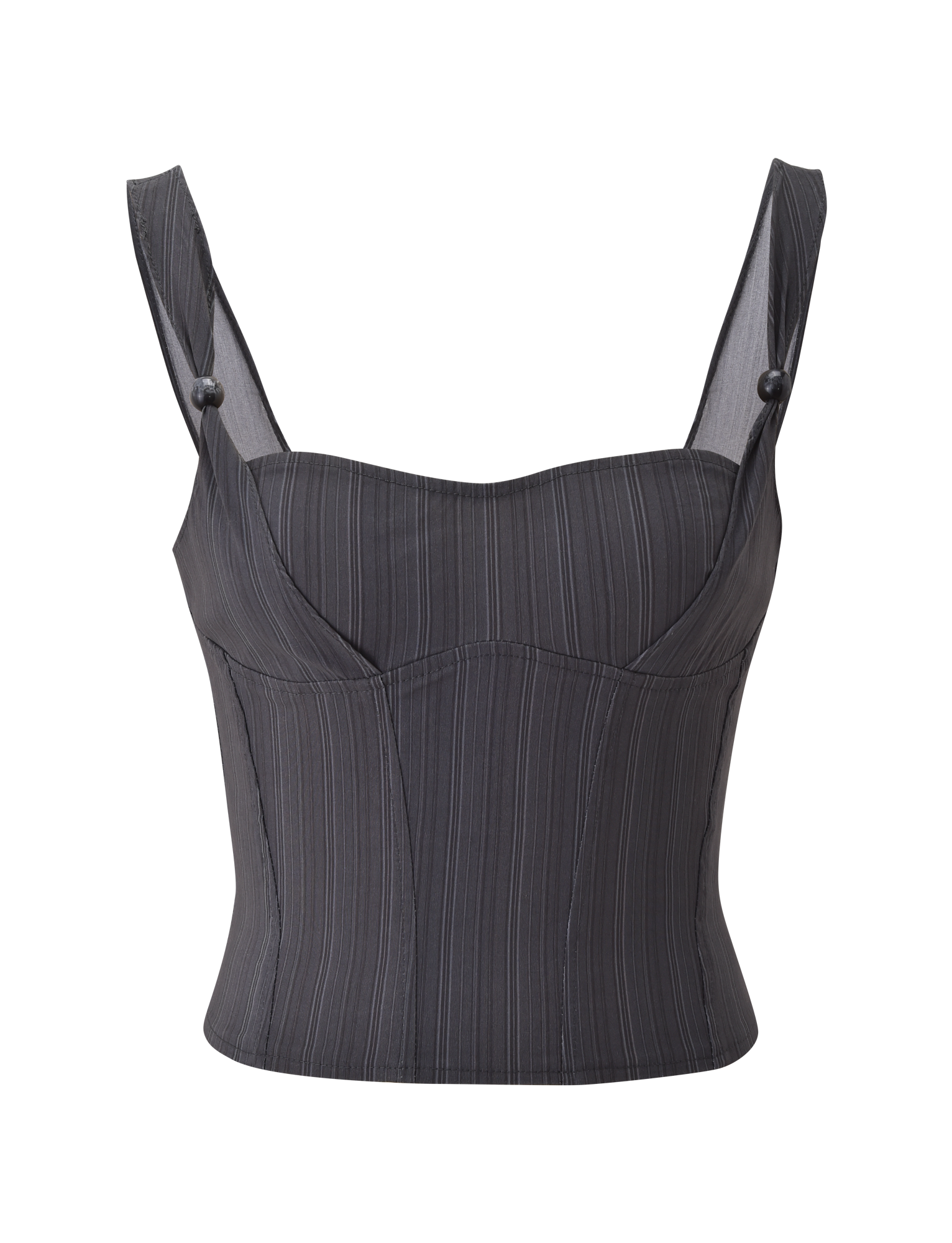 The TIGERMIST KITTIE CORSET - GREY STRIPE features wide shoulder straps and button details in a fitted, stretch suiting fabric with dark gray stripes, displayed against a plain white background.