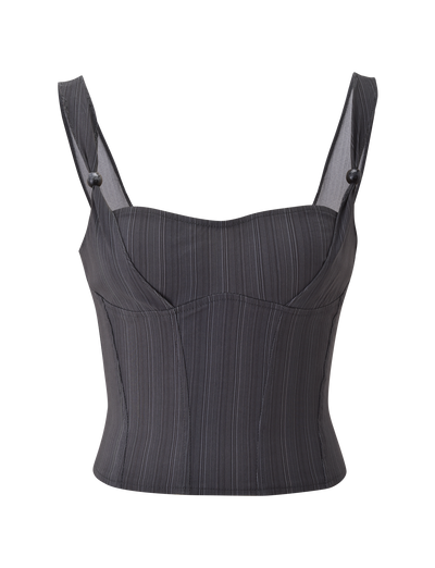 The TIGERMIST KITTIE CORSET - GREY STRIPE features wide shoulder straps and button details in a fitted, stretch suiting fabric with dark gray stripes, displayed against a plain white background.