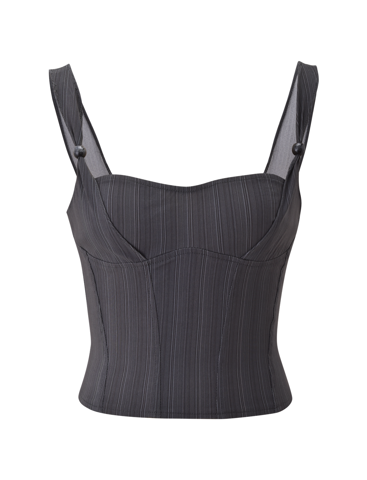 The TIGERMIST KITTIE CORSET - GREY STRIPE features wide shoulder straps and button details in a fitted, stretch suiting fabric with dark gray stripes, displayed against a plain white background.