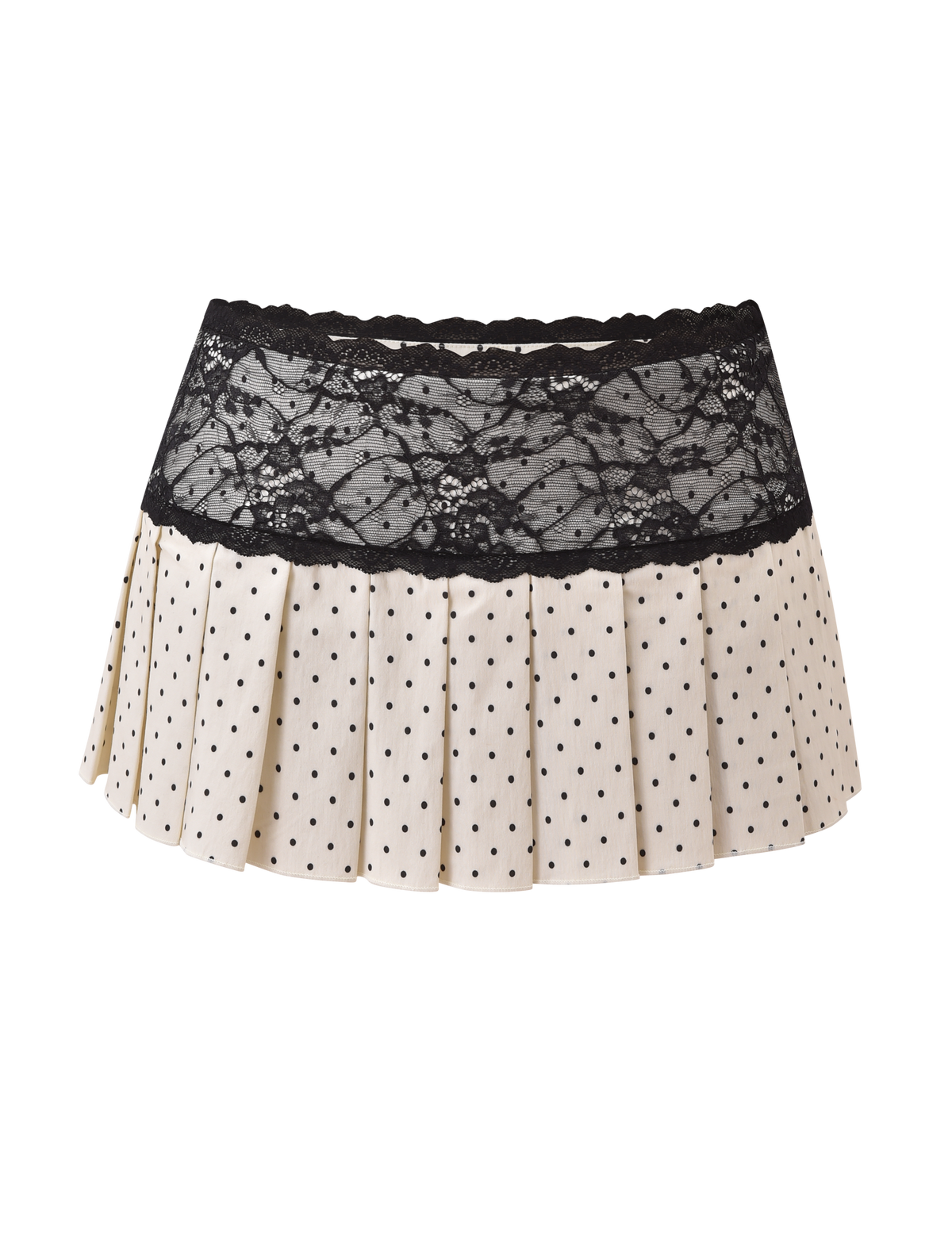 The TIGERMIST KITTIE LACE SKORT - CREAM DOT is a cream pleated mini skort with black polka dots and a wide black lace waistband, shown against a plain white background.