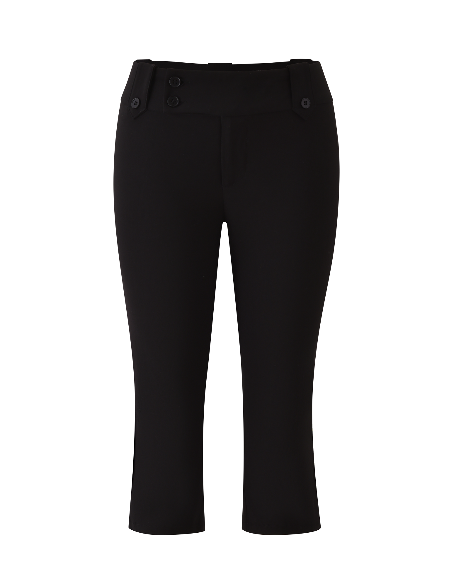 The TIGERMIST KITTIE CAPRI - BLACK is a pair of black stretch suiting capri pants with a mid-rise crossover waistband, belt loops, two front buttons, and a straight-leg fit, shown on a plain white background.