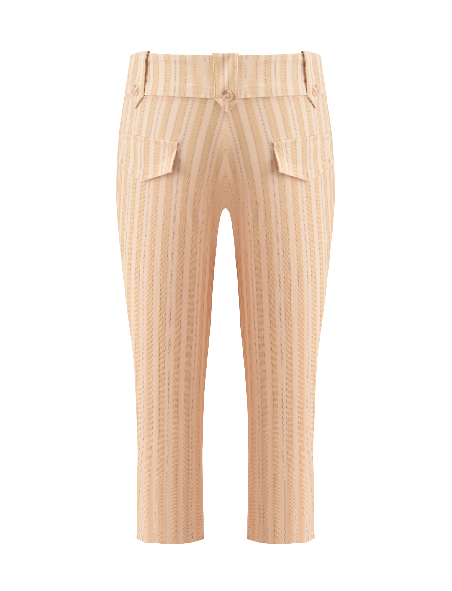 The TIGERMIST KITTIE CAPRI - YELLOW STRIPE are cropped pants in yellow stripes, made from stretch suiting fabric with belt loops, two back flap pockets with buttons, and a central seam, shown against a white background.