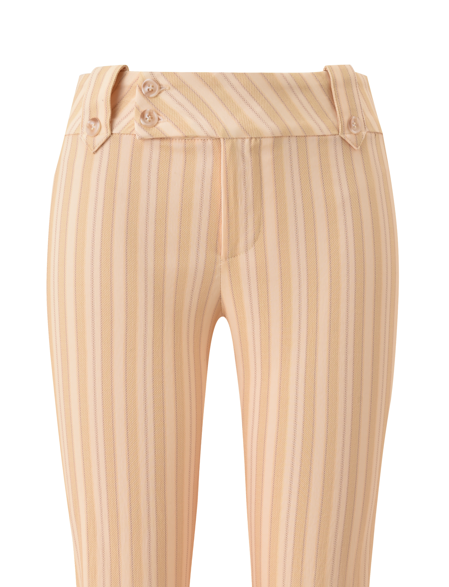 TIGERMIST KITTIE CAPRI - YELLOW STRIPE: High-waisted capri pants with vertical yellow stripes, a diagonal waistband featuring two side buttons, and made from lightweight stretch suiting fabric for a chic, fitted look.