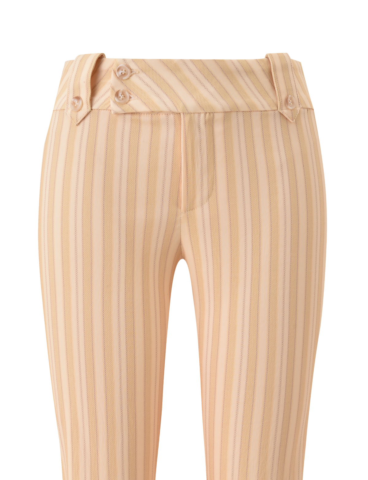 TIGERMIST KITTIE CAPRI - YELLOW STRIPE: High-waisted capri pants with vertical yellow stripes, a diagonal waistband featuring two side buttons, and made from lightweight stretch suiting fabric for a chic, fitted look.