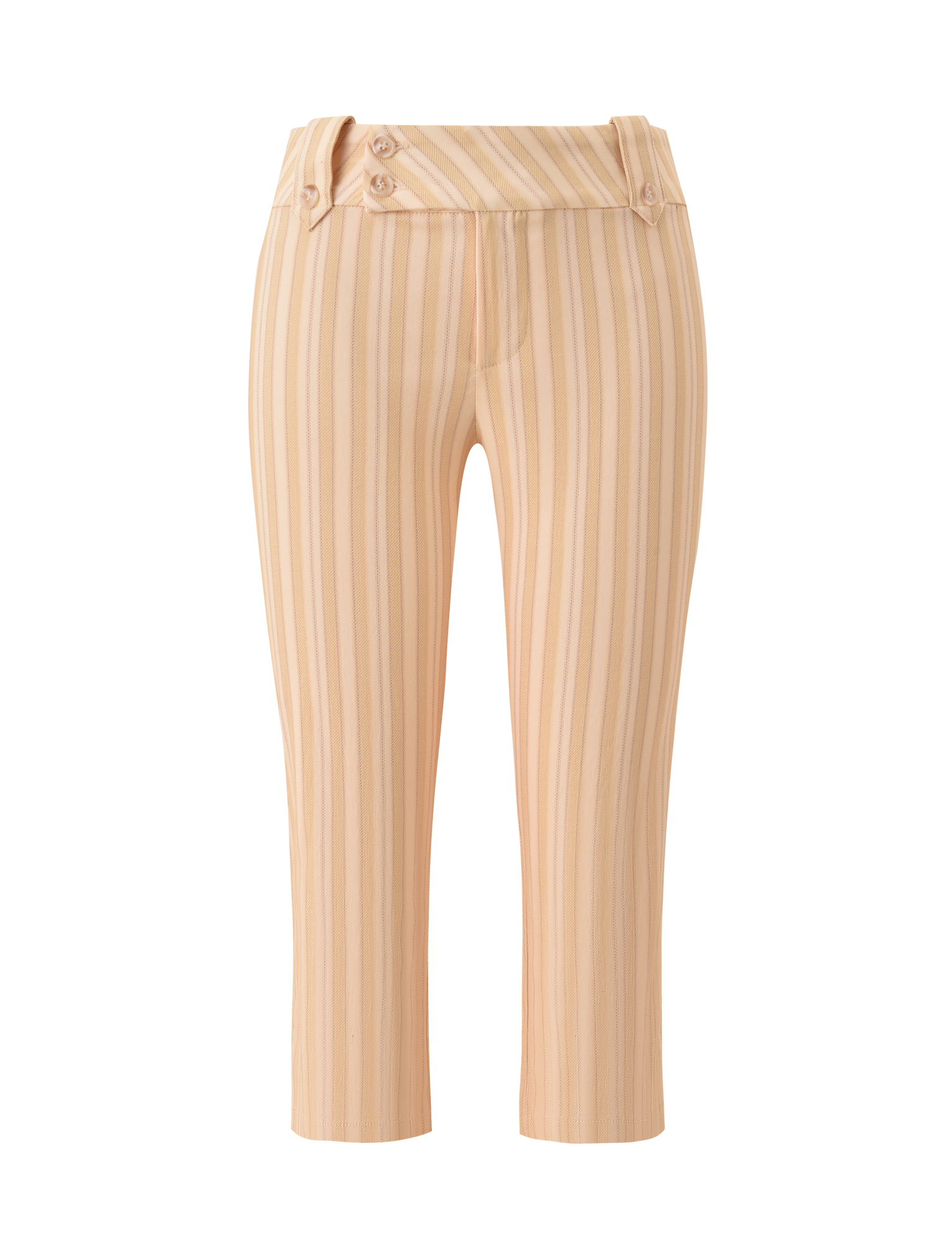 TIGERMIST KITTIE CAPRI - YELLOW STRIPE: Cropped, tailored stretch pants with vertical yellow stripes and front button waistband detail, shown on a white background.