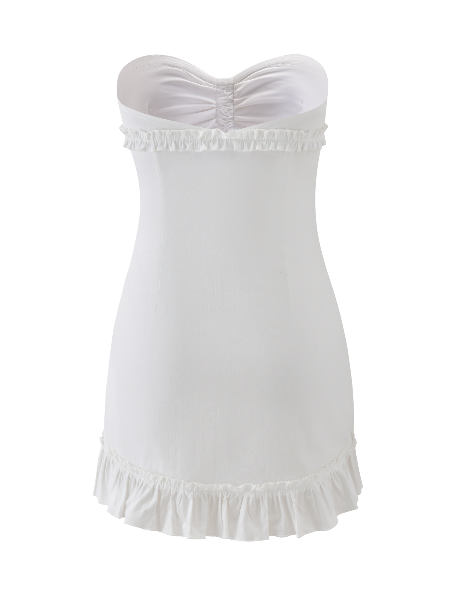 The KITTIE STRAPLESS DRESS - WHITE by TIGERMIST features a ruched top, cinched silhouette for a flattering fit, and ruffled trim at the neckline and hem, displayed on a plain white background.