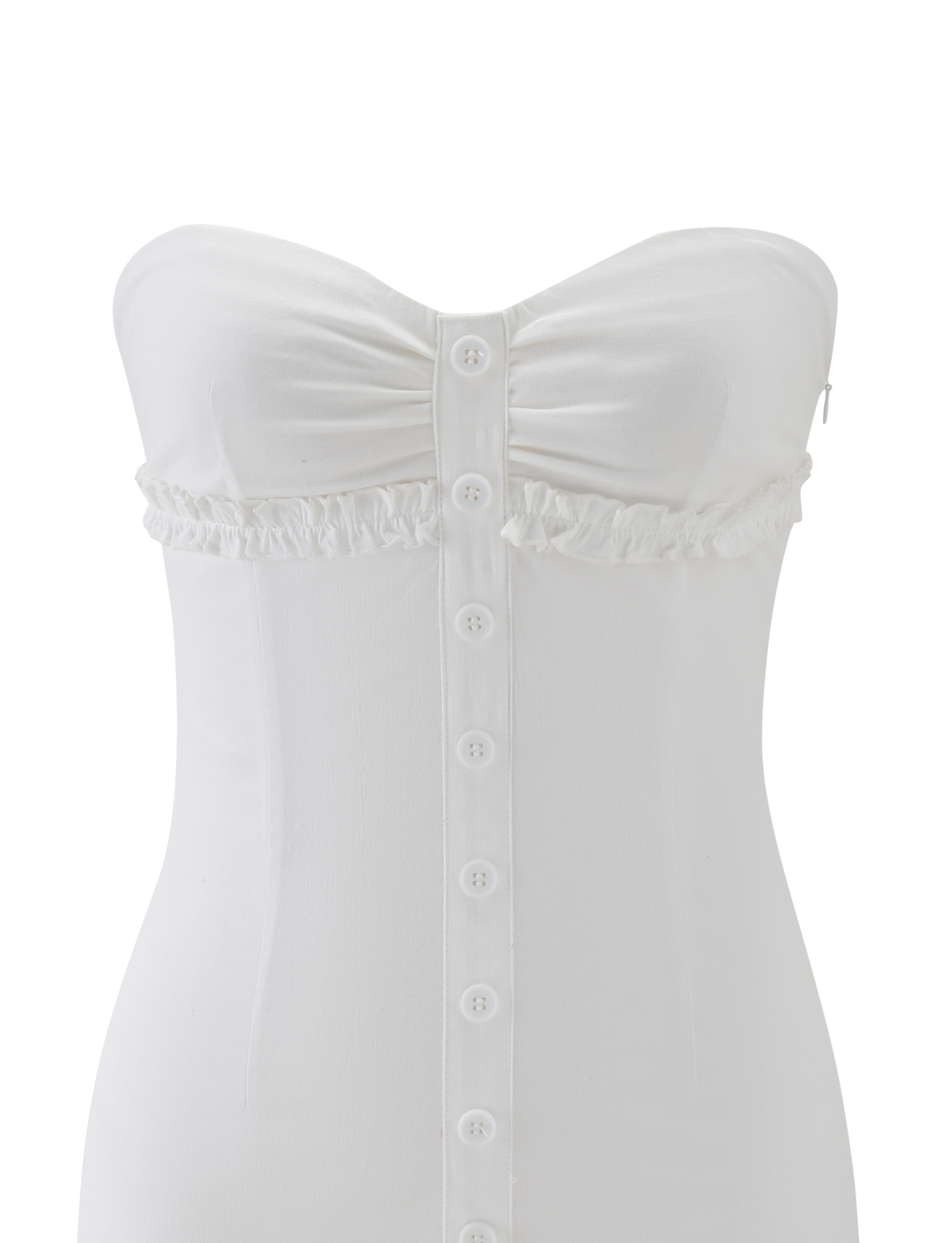 The KITTIE STRAPLESS DRESS - WHITE by TIGERMIST is a strapless mini dress featuring a cinched silhouette, ruched bust, ruffled under-bust trim, and a central row of white buttons down the front.