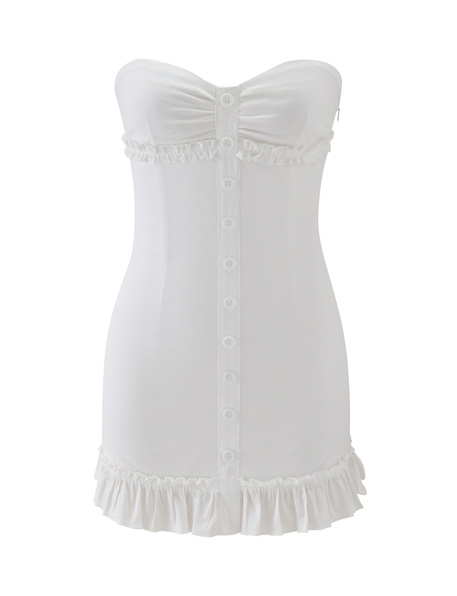 The TIGERMIST KITTIE STRAPLESS DRESS in white is a mini dress with front buttons, gathered bust, and ruffled trim on the top and bottom edges, shown on a plain white background.