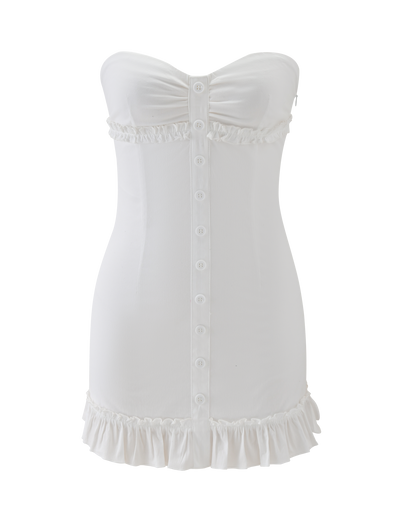 The TIGERMIST KITTIE STRAPLESS DRESS in white is a mini dress with front buttons, gathered bust, and ruffled trim on the top and bottom edges, shown on a plain white background.