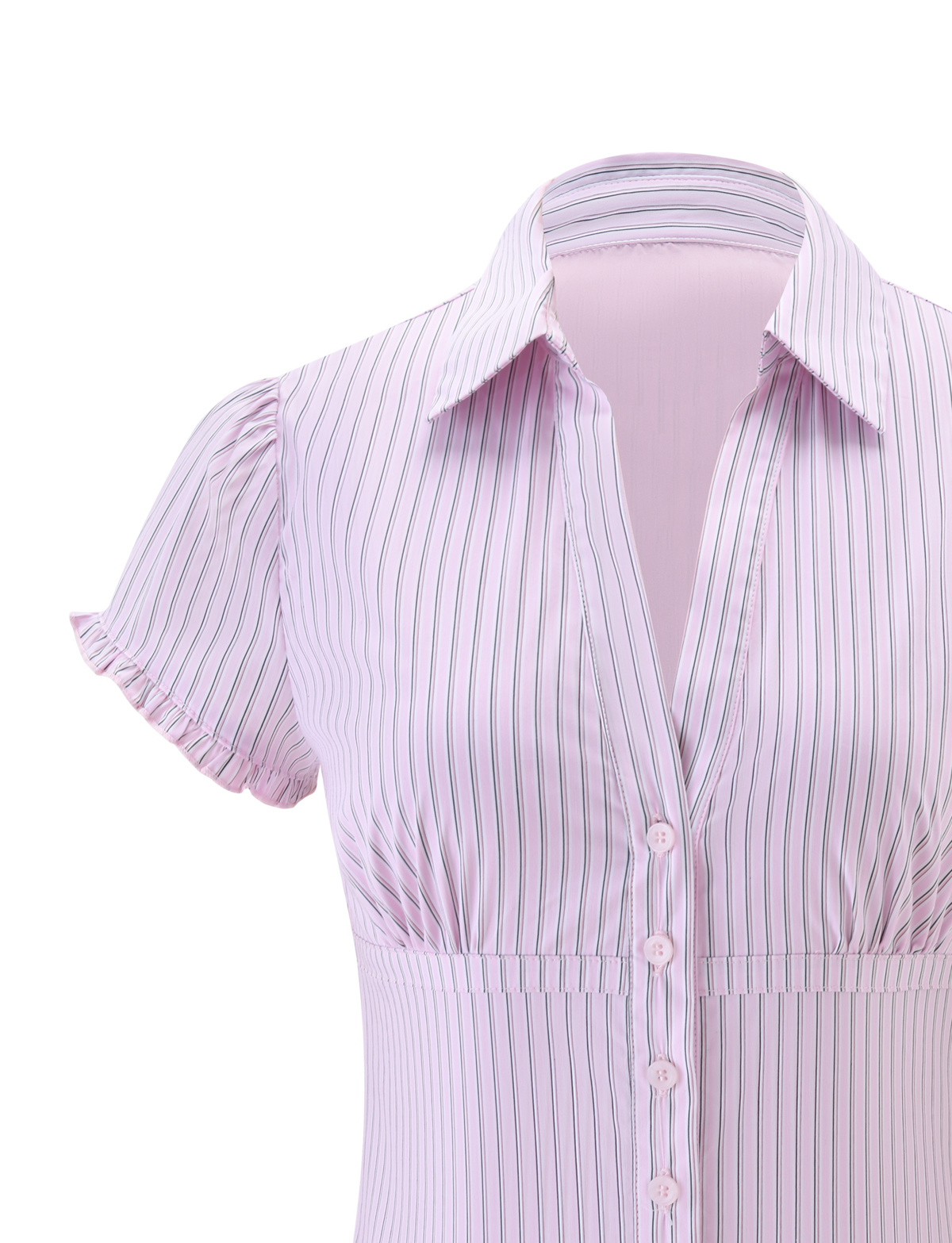 The VALERIE SHORT SLEEVE SHIRT - PINK STRIPE by TIGERMIST features light pink fabric with thin blue and white vertical stripes, a collared neckline, front buttons, and puffed short sleeves—adding effortless charm to any outfit.