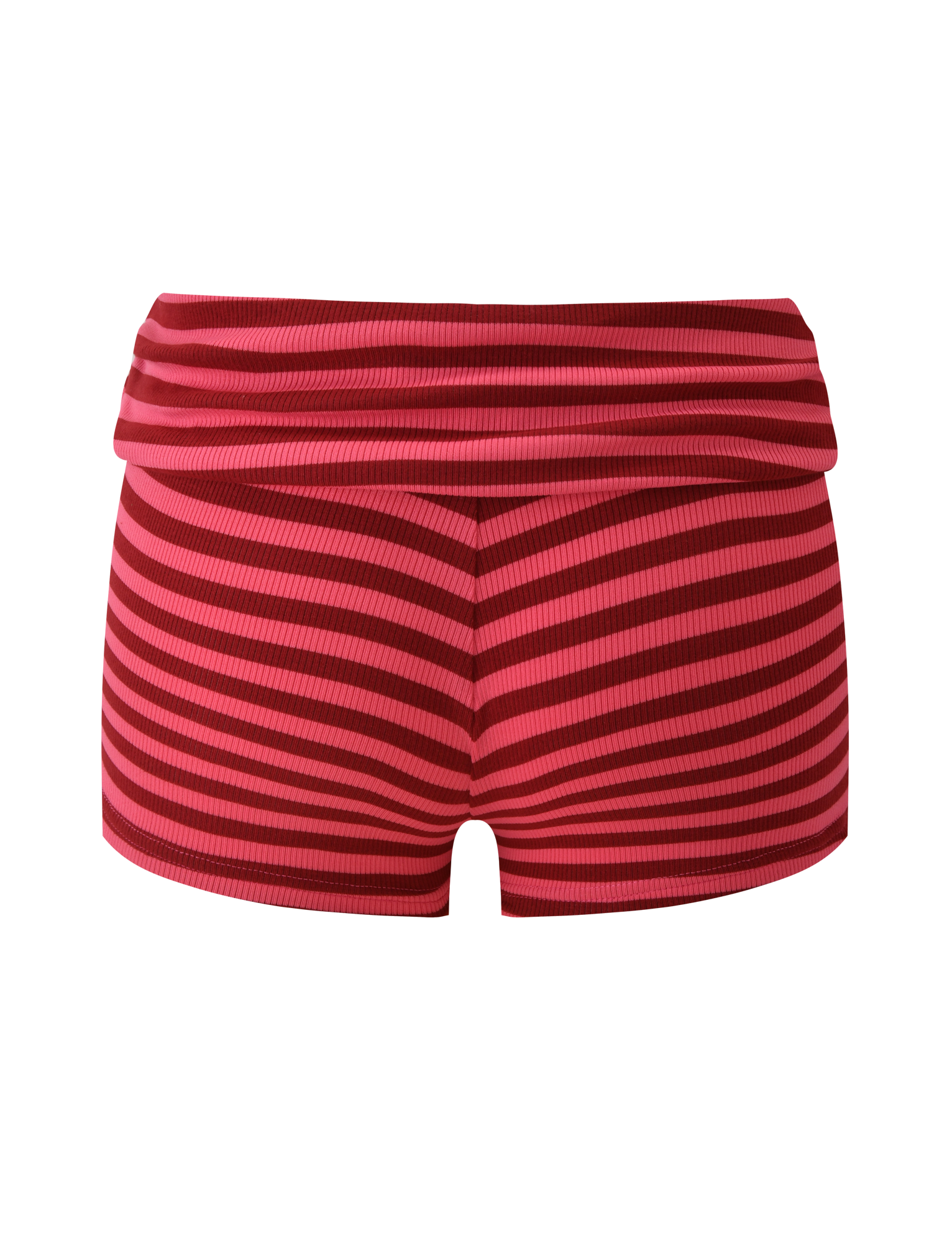 The TIGERMIST CERYS RIB SHORT in pink red stripe features a ribbed knit and stylish foldover waistband, displayed against a plain white background.