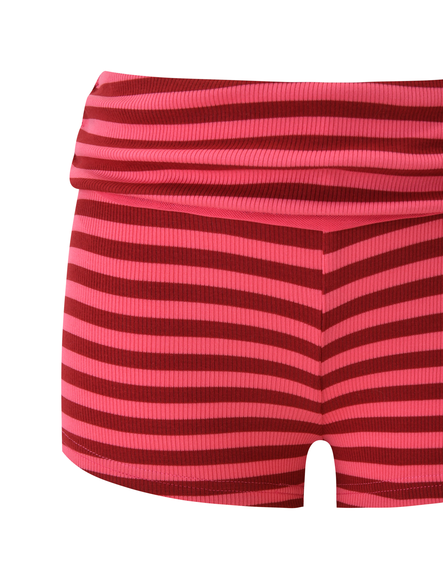 The TIGERMIST CERYS RIB SHORT - PINK RED STRIPE features red and pink horizontal stripes, a ribbed knit texture, and a wide foldover waistband, shown against a plain white background.