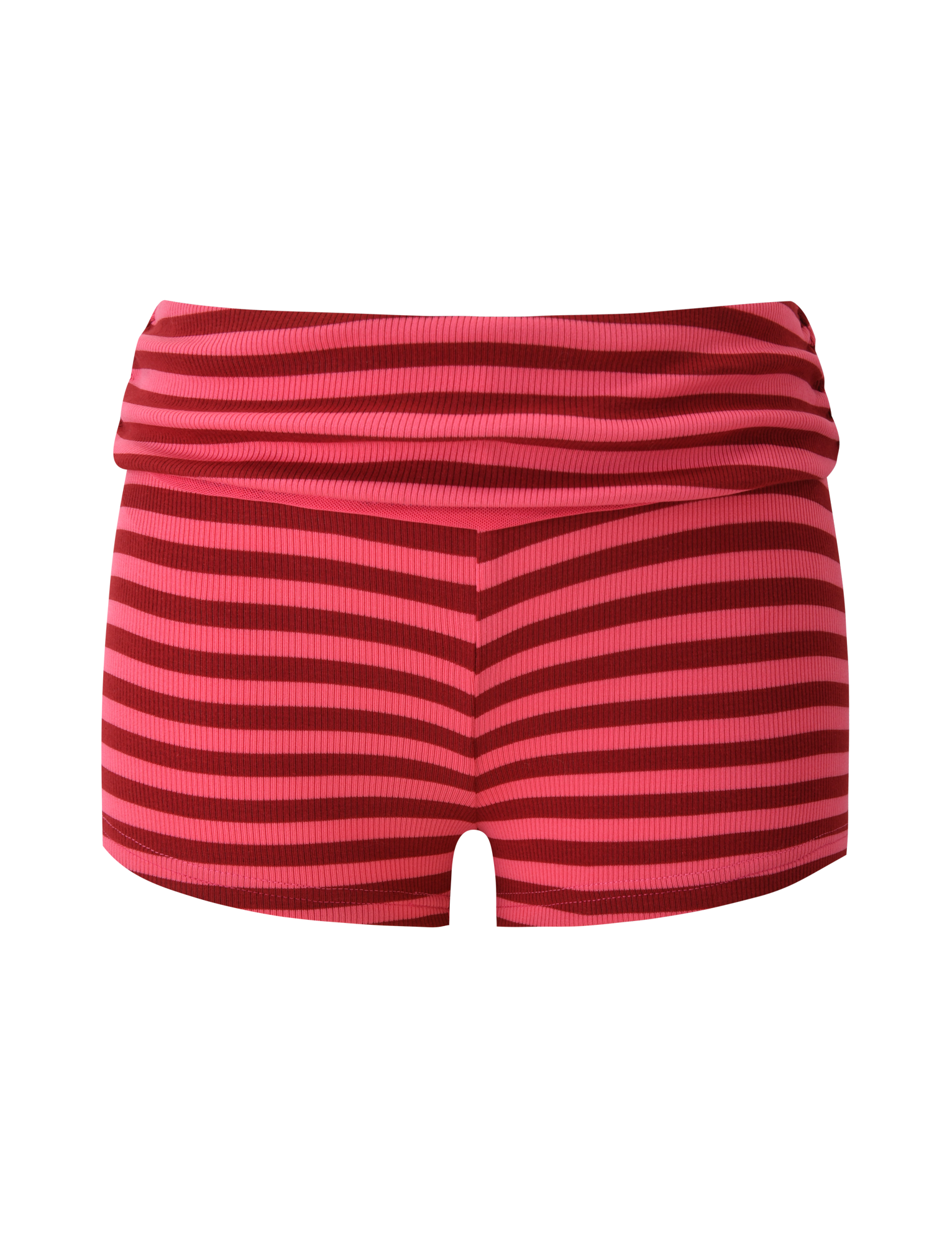 The TIGERMIST CERYS RIB SHORT in Pink Red Stripe features a high-waisted, ribbed knit design with horizontal red and burgundy stripes, a foldover waistband, and a snug fit, shown against a plain white background.