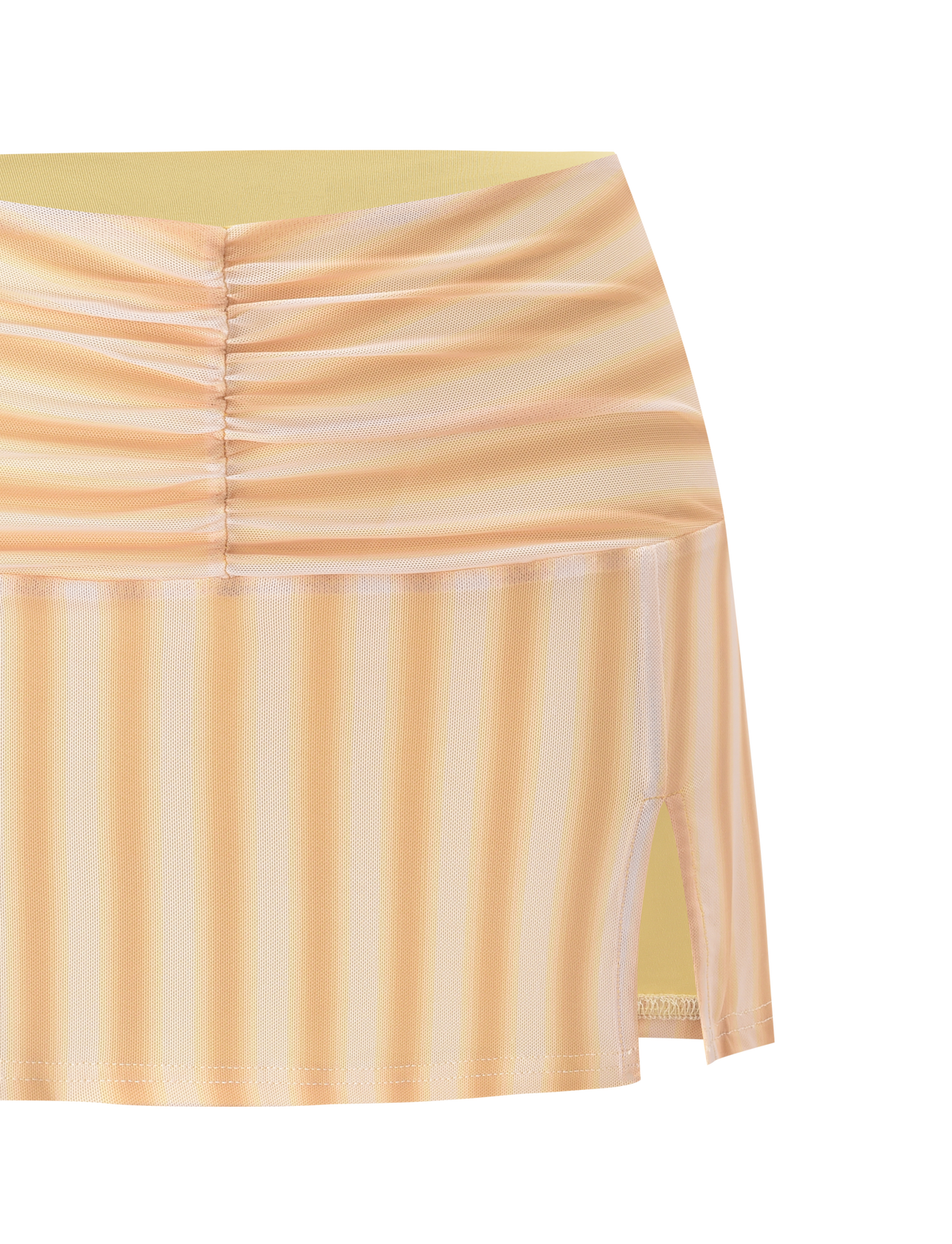 The TIGERMIST HAVANA SKIRT - YELLOW STRIPE is a body-hugging mesh mini skirt with a ruched waistband and small side slit, shown in close-up against a plain white background.