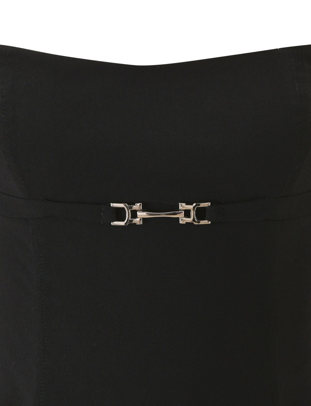 Close-up of the TIGERMIST KITTIE BUCKLE TOP - BLACK, a strapless and backless top with a silver front clasp, set against a plain white background.