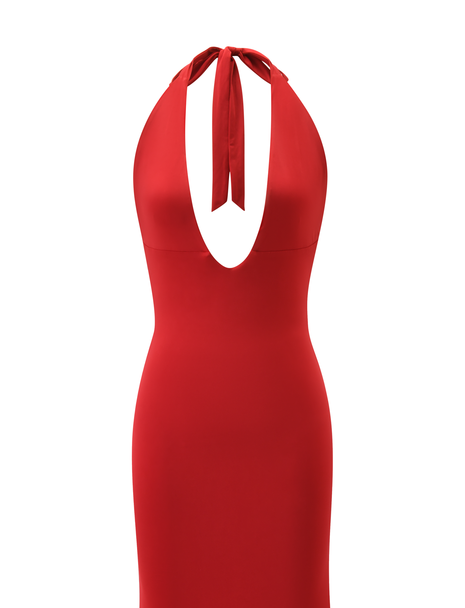The SOLYNE MAXI DRESS by TIGERMIST is a sleeveless, deep red floor-length dress with a halter neck tie and beaded crystals along the plunging neckline, shown on a plain white background.