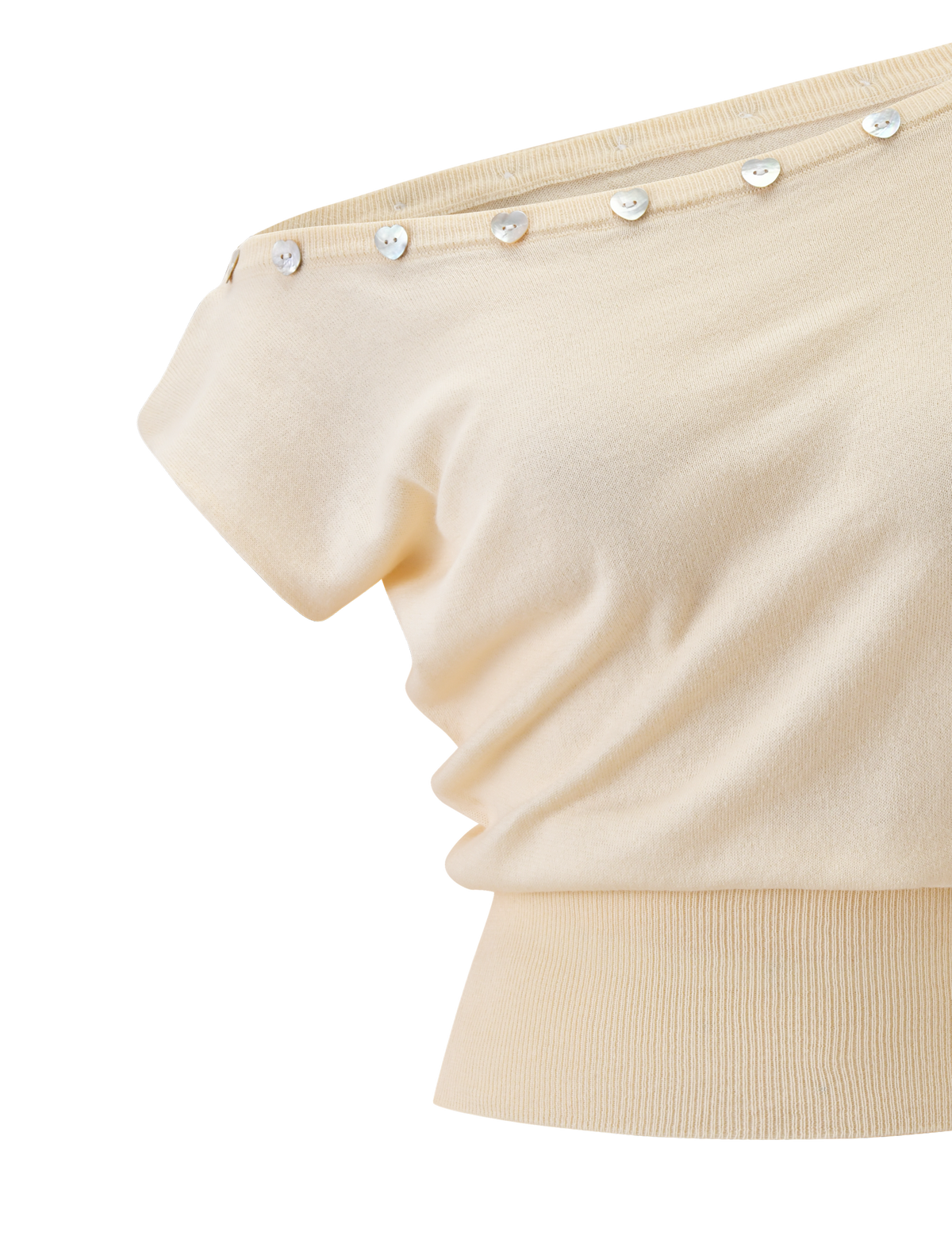 A close-up of the TYLA SLEEVELESS KNIT TOP in cream by TIGERMIST, showcasing its off-shoulder style with a ribbed hem and heart shell buttons as decorative accents along the neckline.