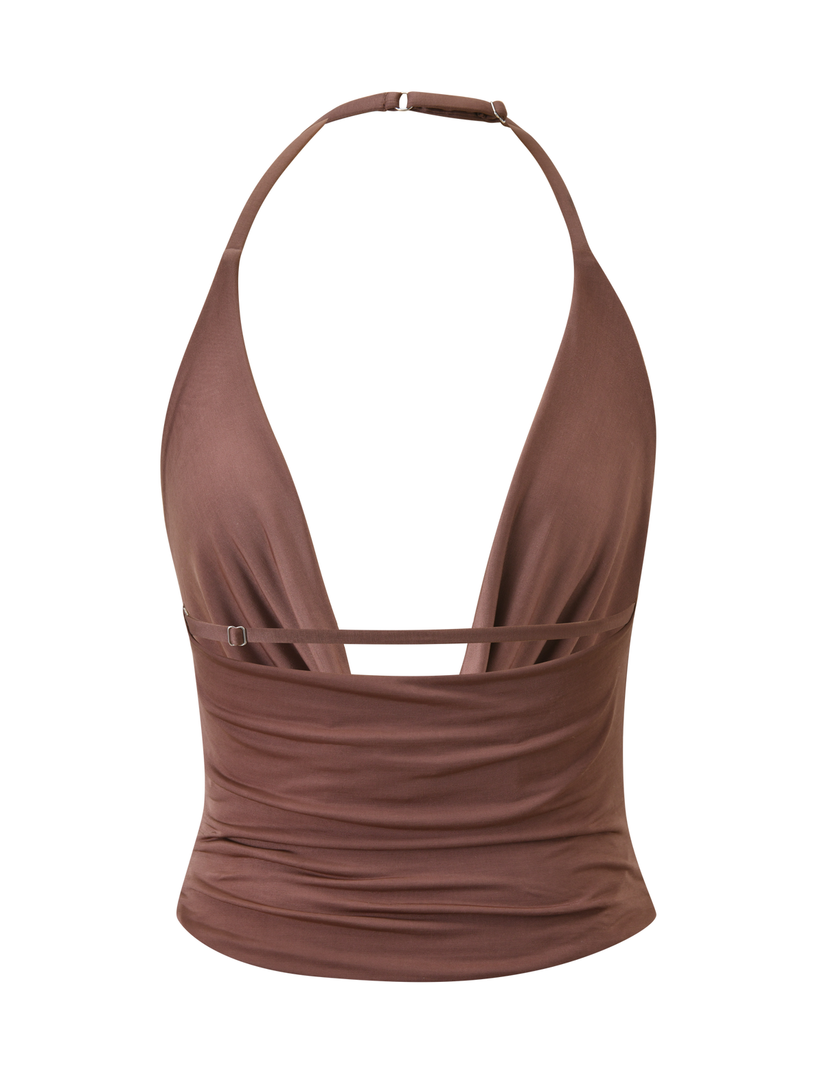 The TIGERMIST THARA TOP - CHOCOLATE features a silky soft cowl neck, deep V-neckline, thin halter straps, fitted ruched bodice, and a modern horizontal chest strap.