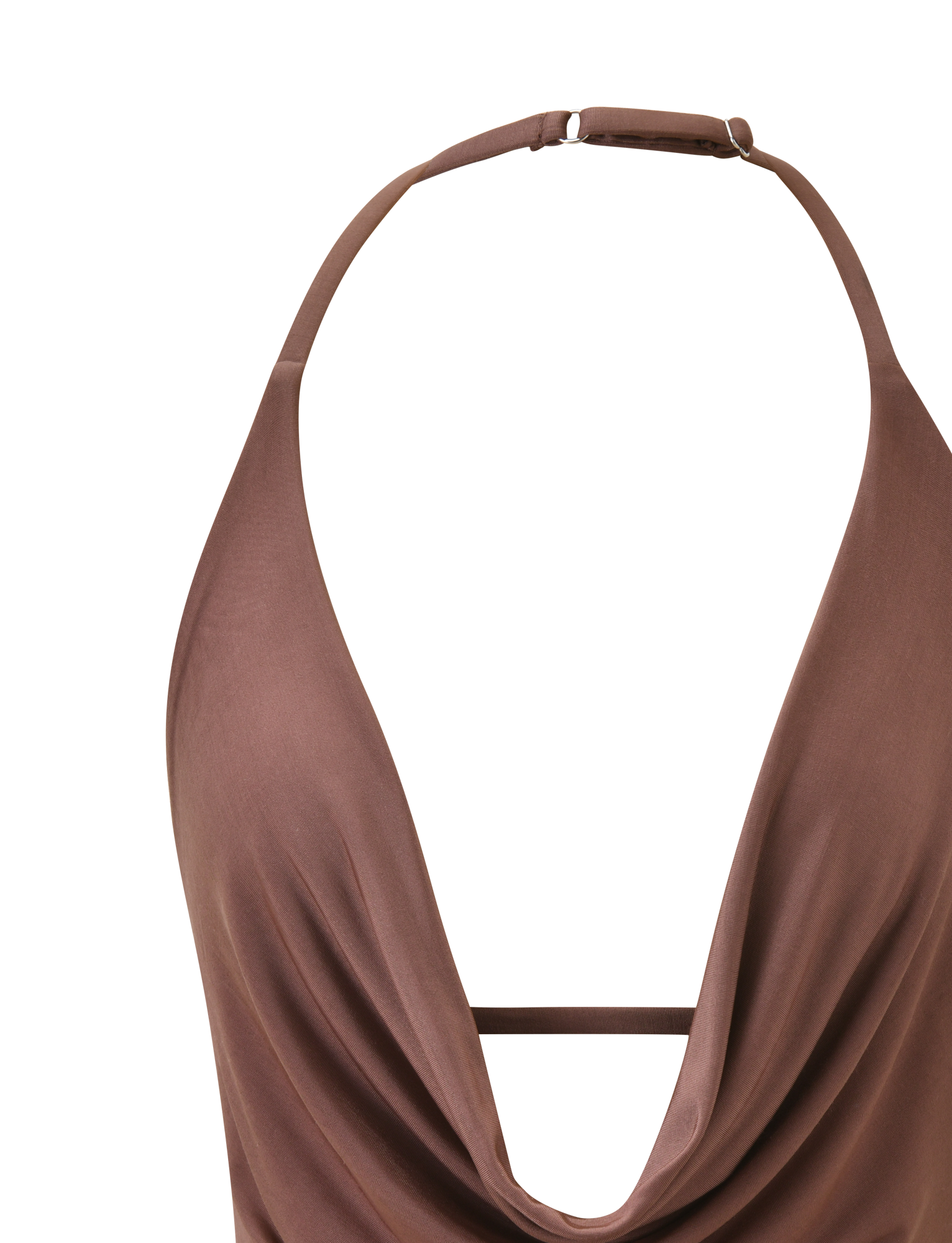 A close-up of the TIGERMIST THARA TOP - CHOCOLATE, a silky-soft brown halter neck top with a draped cowl neckline and adjustable neck strap, shown against a white background.