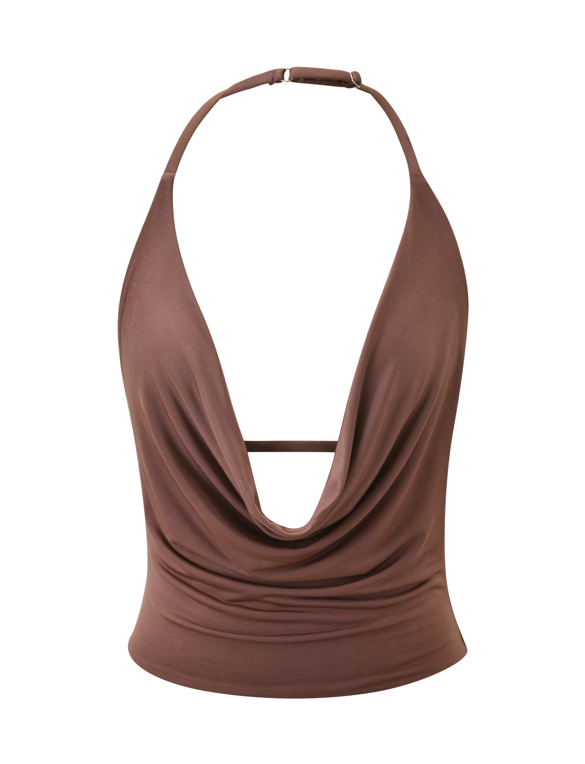 The THARA TOP - CHOCOLATE by TIGERMIST is a sleeveless, silky-soft brown halter top with a deep cowl neckline and adjustable neck strap, made from smooth, stretchy fabric. Shown on a plain white background.