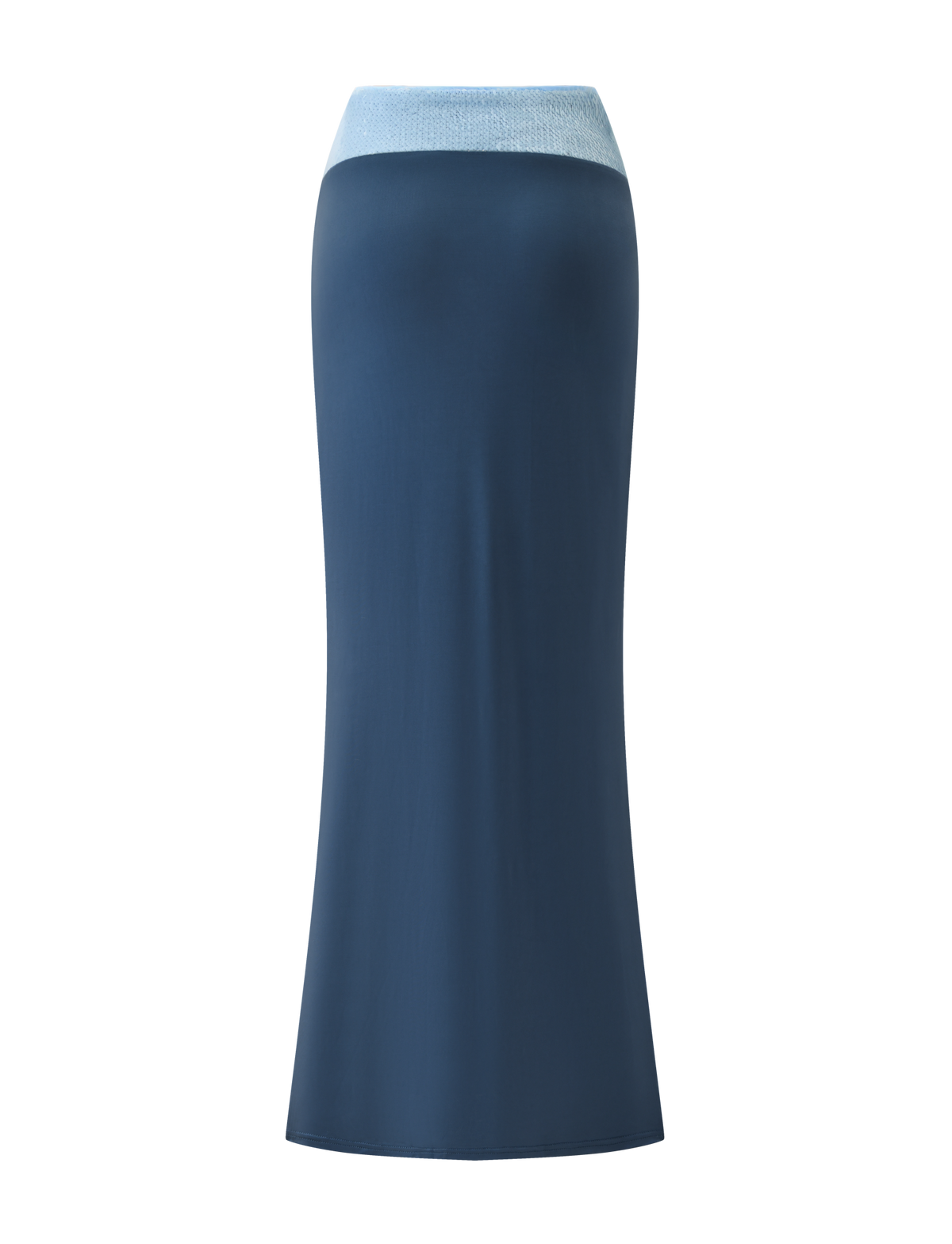 The TIGERMIST THARA MAXI SKIRT in slate blue is a long, high-waisted skirt with a wide light blue waistband, shown against a plain white background.