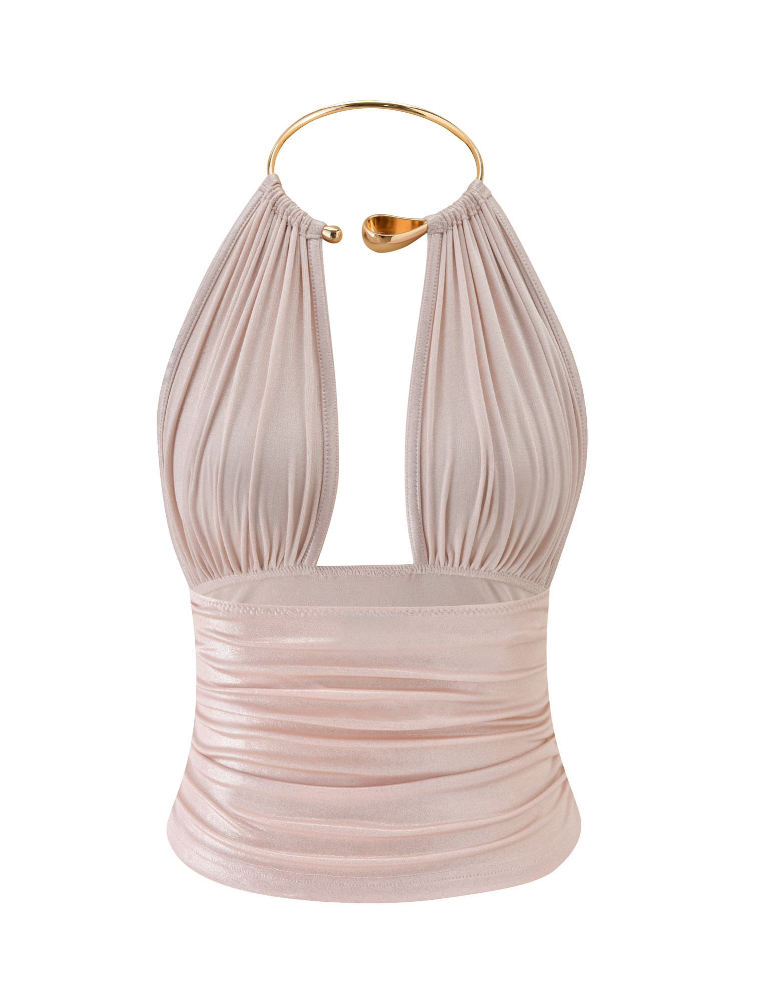 The VIANNA TOP by TIGERMIST is a sleeveless baby pink metallic top with a ruched waist and deep neckline, crafted from fitted, silky fabric for an eye-catching look. Pair it with a shiny gold teardrop choker for added style.