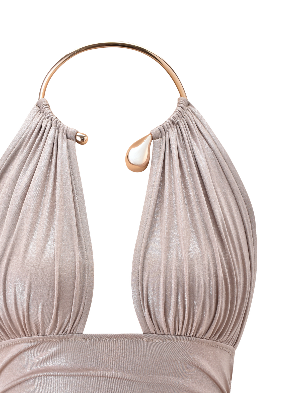 A close-up of the TIGERMIST VIANNA TOP - GOLD, featuring shimmery light taupe lamé fabric pleated at a gold metallic choker neckline, shown against a plain white background.