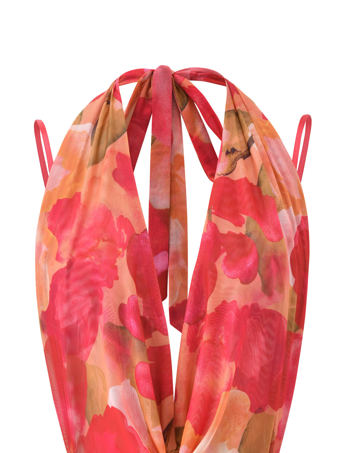 A close-up of the TIGERMIST JOLIE MINI DRESS - DAIQUIRI FLORAL, a halter-style plunging cowl neck dress with thin straps, tie neck, and a vibrant red, pink, and peach tropical floral print against a plain white background.