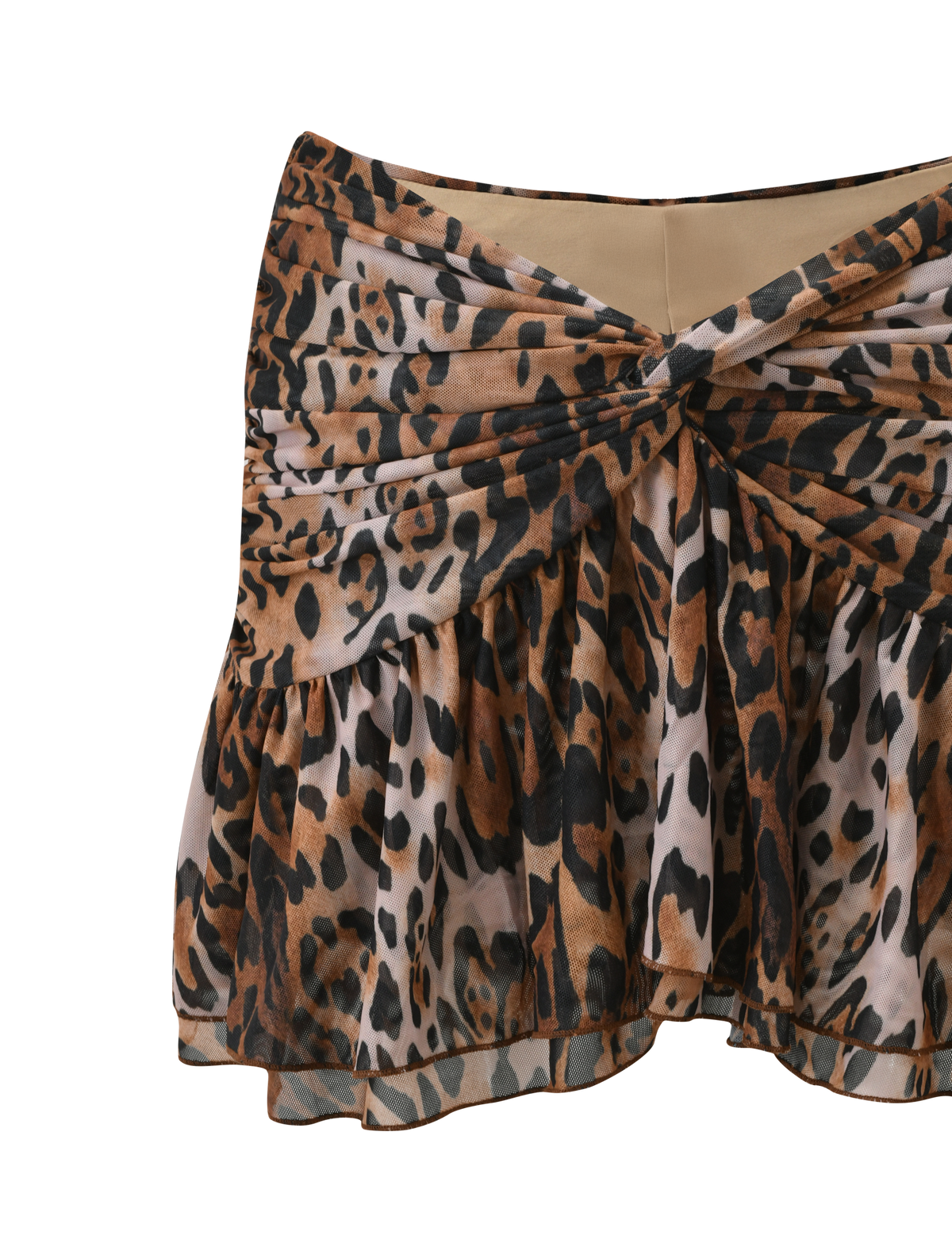 The TIGERMIST AZALEA TWIST MINI SKIRT - LEOPARD features a brown, tan, and black leopard print with a front twisted knot detail and a tiered flounce hem for playful movement.