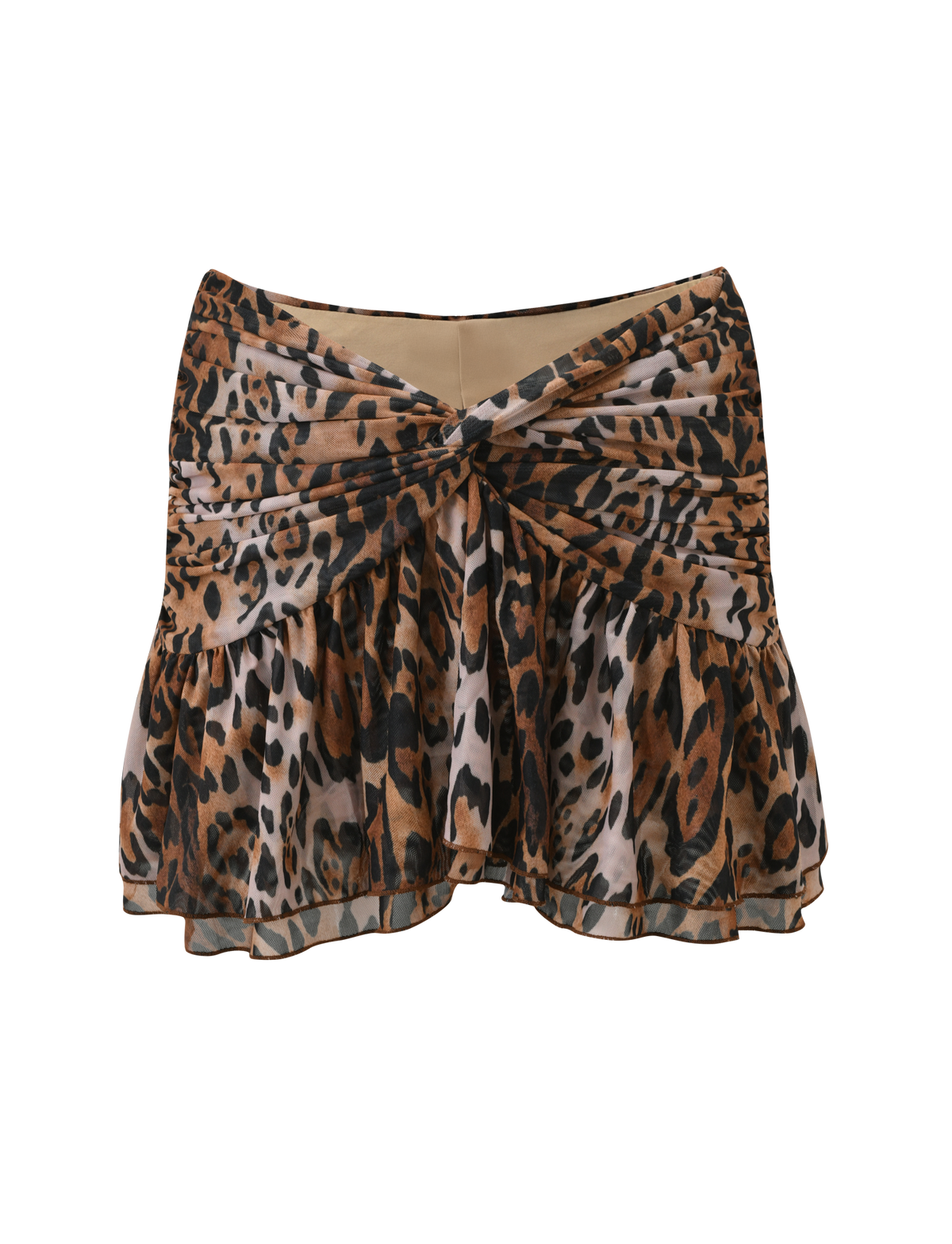 The AZALEA TWIST MINI SKIRT - LEOPARD by TIGERMIST features a ruched, twisted waistband, tiered flounce hem, and a brown, black, and tan leopard print, shown on a plain white background.