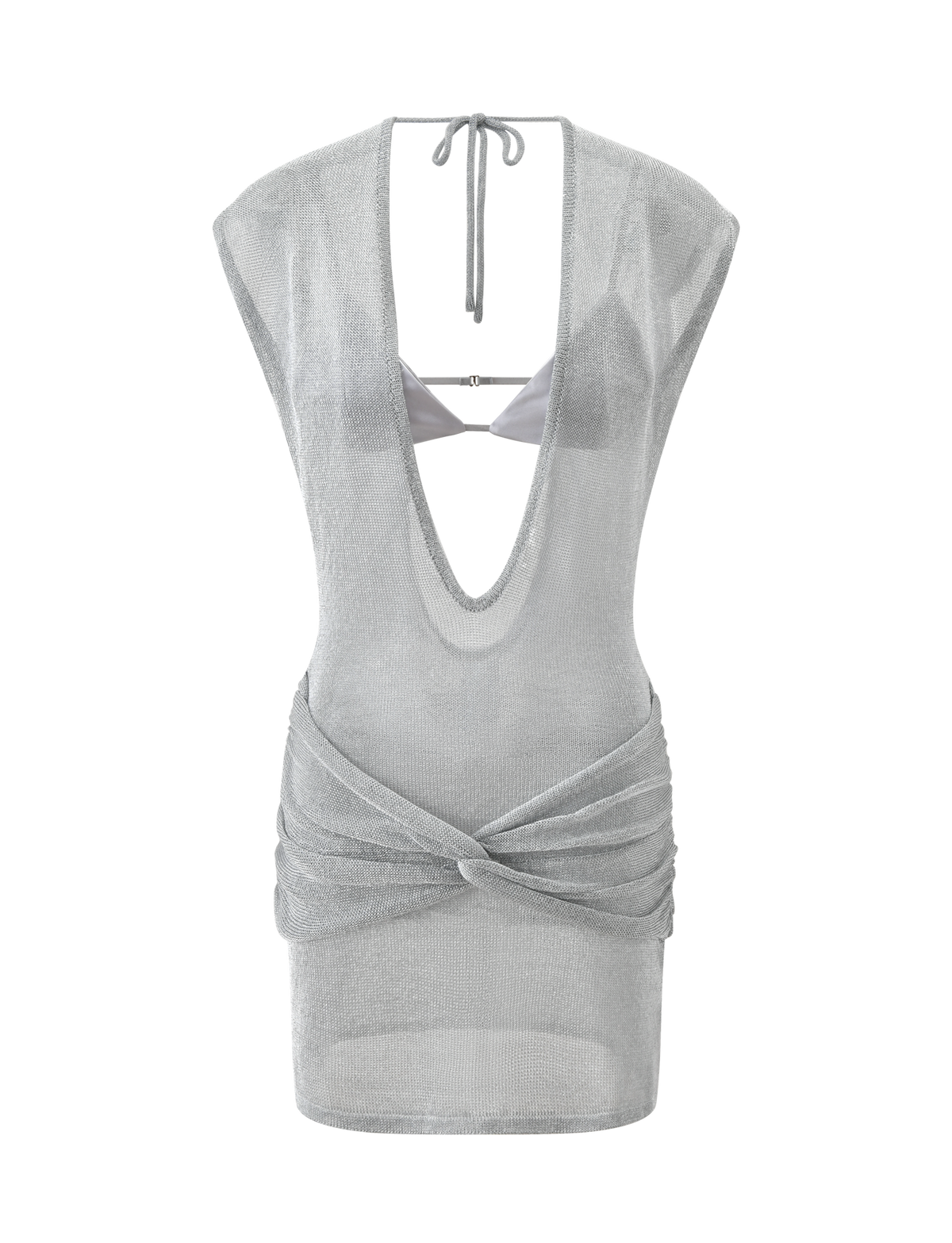 The ZOSIA MINI DRESS - SILVER by TIGERMIST features a silver knit mini design with a deep V neckline, open back with tie closure, and draped twisted drop waist detail layered over a matching satin bralette-style top.