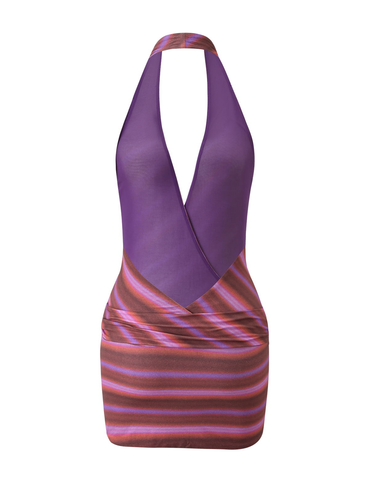 The SORRENTO MINI DRESS by TIGERMIST features a sleeveless halter neck and deep V-neckline, with a solid purple top and a playful skirt in horizontal pink and purple ombre stripes.