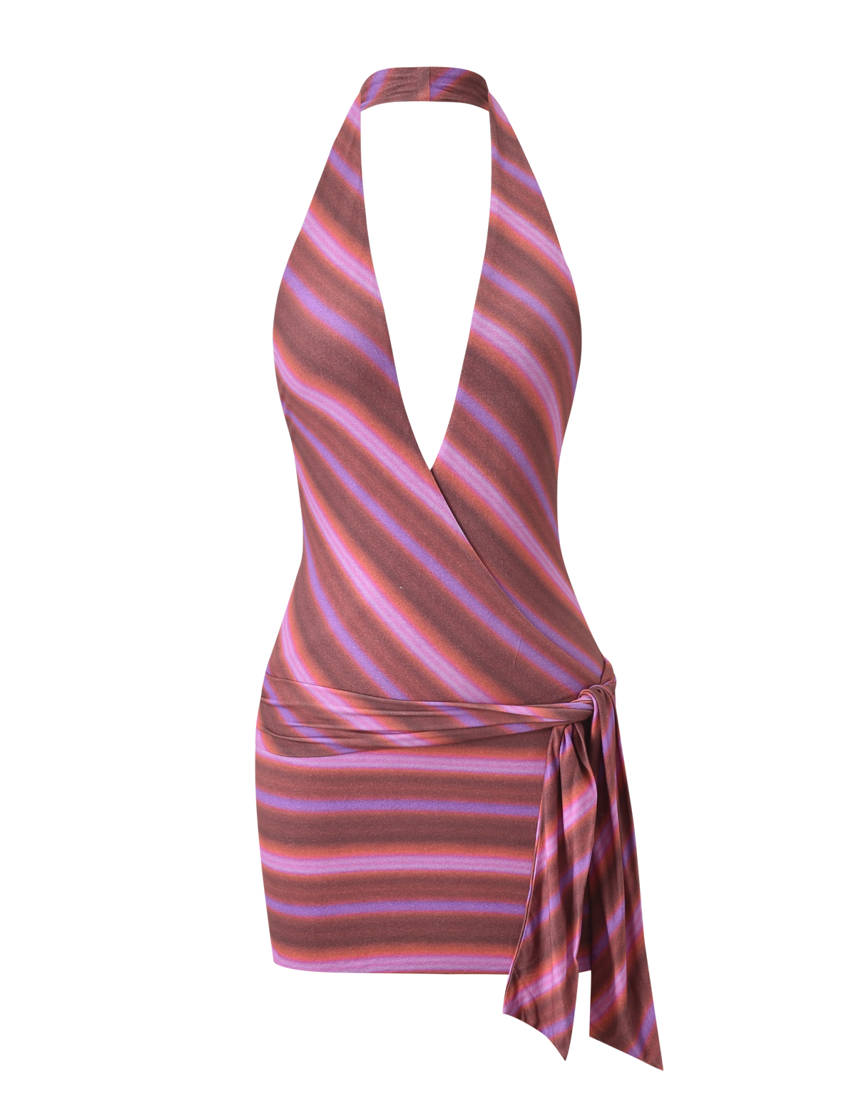 The TIGERMIST SORRENTO MINI DRESS - DUSK OMBRE STRIPE is a sleeveless, halter neck mini dress with diagonal pink and purple stripes, a deep V-neckline, and a side-tied sash at the waist.