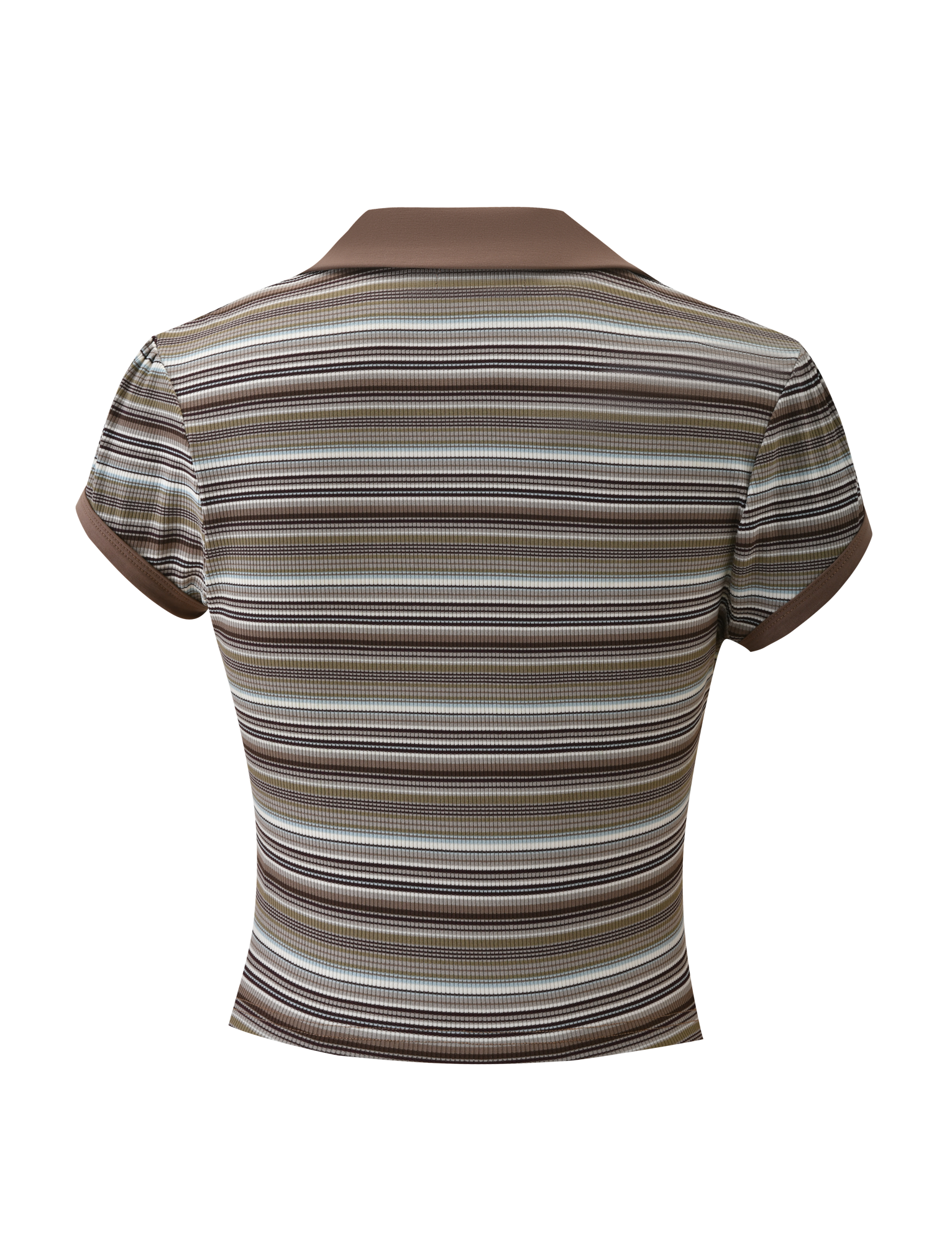 The KAYDIN TOP - MULTISTRIPE by TIGERMIST features a collared, short sleeve design with brown, beige, and white horizontal stripes, shown from the back on a plain white background.