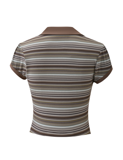 The KAYDIN TOP - MULTISTRIPE by TIGERMIST features a collared, short sleeve design with brown, beige, and white horizontal stripes, shown from the back on a plain white background.