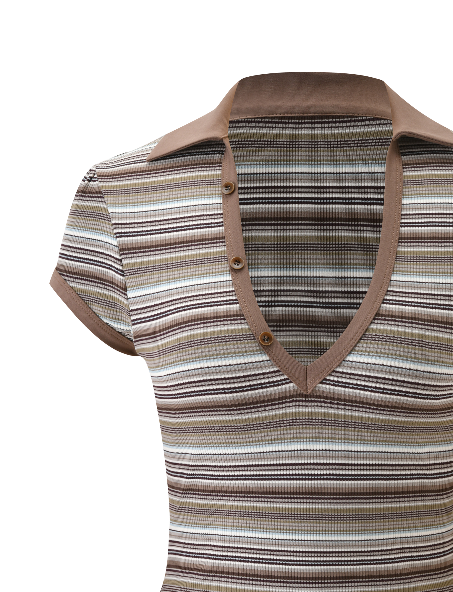 The KAYDIN TOP - MULTISTRIPE by TIGERMIST is a short-sleeved rib knit shirt with brown, beige, and gray stripes, a brown collar, partial button placket, V-neckline, and fitted silhouette.