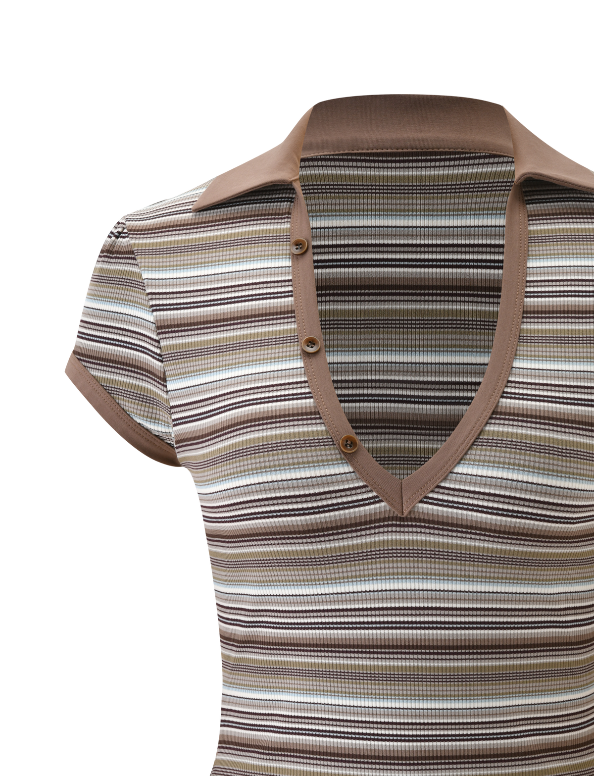 The KAYDIN TOP - MULTISTRIPE by TIGERMIST is a short-sleeved rib knit shirt with brown, beige, and gray stripes, a brown collar, partial button placket, V-neckline, and fitted silhouette.