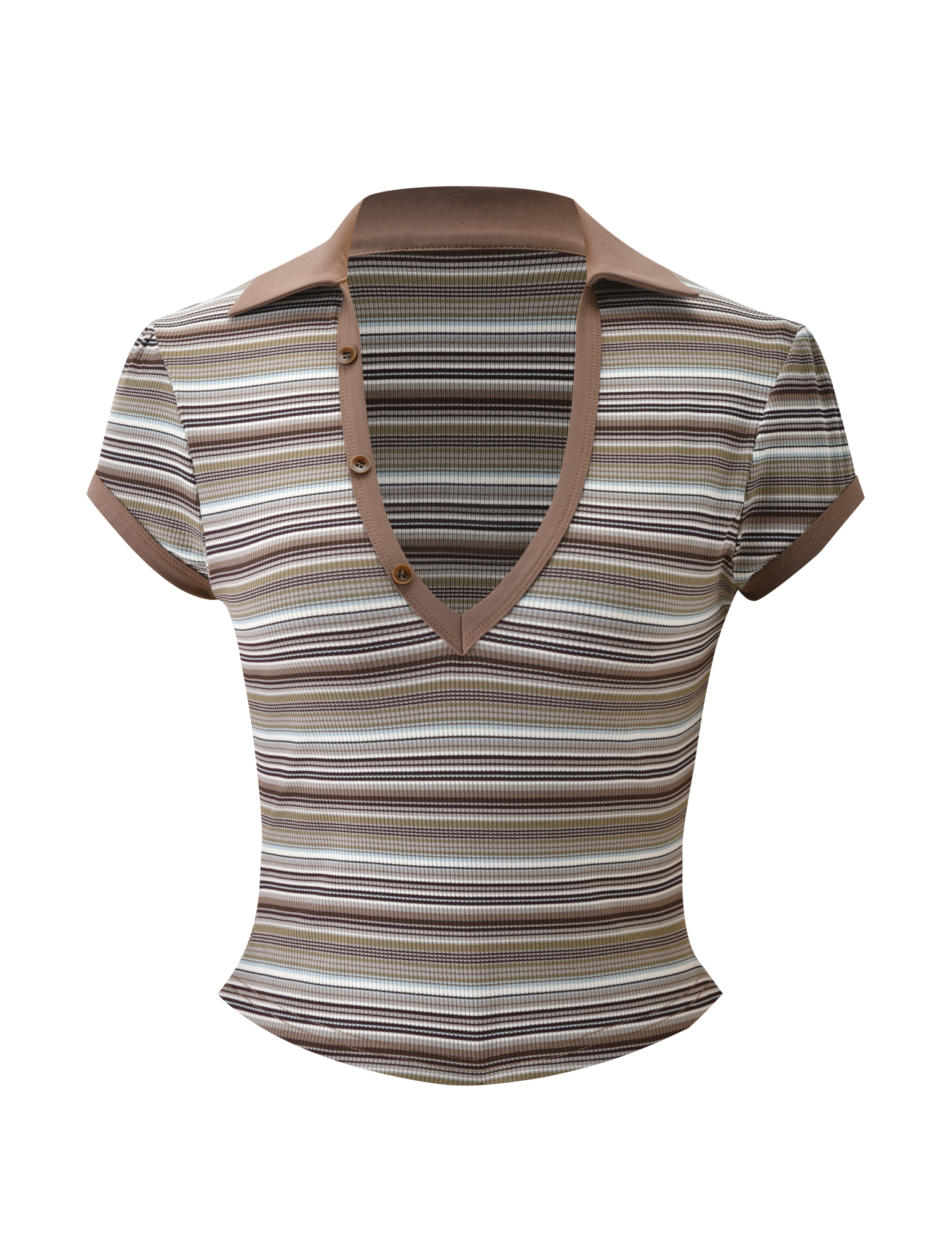 The KAYDIN TOP - MULTISTRIPE by TIGERMIST is a short-sleeve, fitted rib knit top featuring brown, beige, and cream stripes, a deep v-neckline with three buttons, and a wide brown collar.