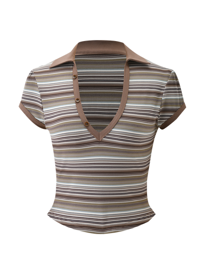 The KAYDIN TOP - MULTISTRIPE by TIGERMIST is a short-sleeve, fitted rib knit top featuring brown, beige, and cream stripes, a deep v-neckline with three buttons, and a wide brown collar.