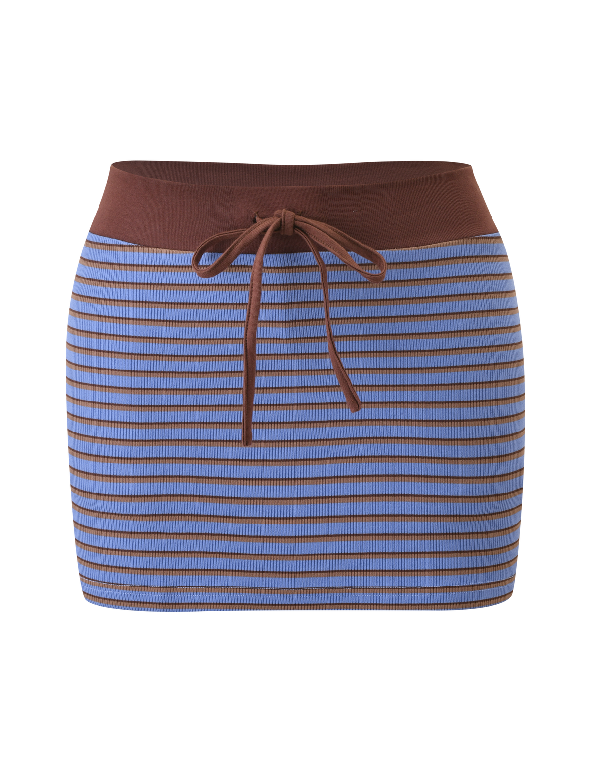 The TIGERMIST KAYDIN SKORT in blue and brown stripe features a wide brown waistband and front drawstring tie. This striped mini skort is shown against a plain white background.