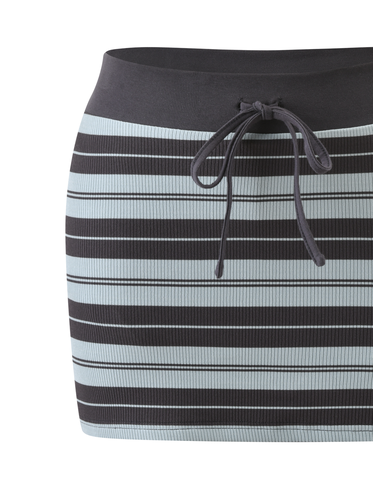 The TIGERMIST KAYDIN SKORT - BLUE STRIPE features a fitted knit mini design with horizontal black, gray, and blue stripes and a black drawstring waistband.