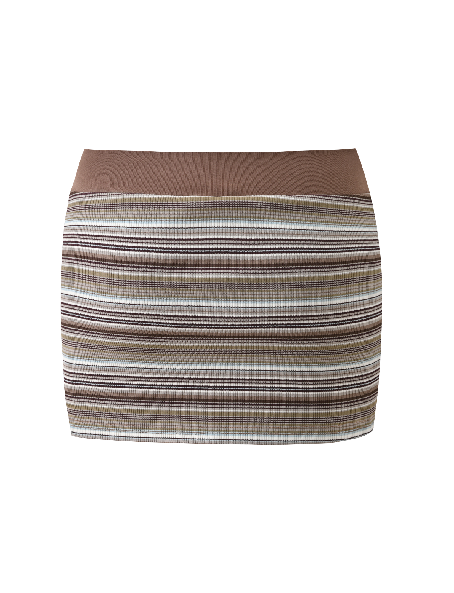 The TIGERMIST KAYDIN SKORT - MULTISTRIPE is a brown bodycon micro mini skort with horizontal ribbed stripes in brown, beige, and white and hidden mini shorts, shown against a white background.