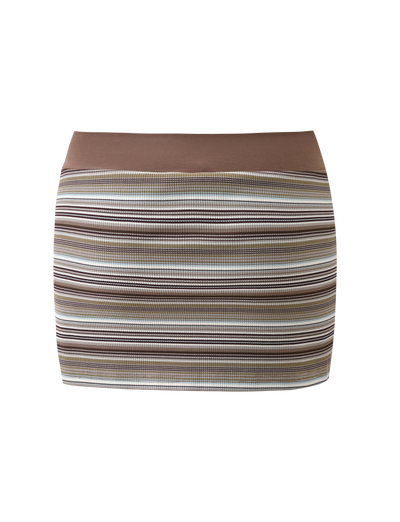 The TIGERMIST KAYDIN SKORT - MULTISTRIPE is a brown bodycon micro mini skort with horizontal ribbed stripes in brown, beige, and white and hidden mini shorts, shown against a white background.